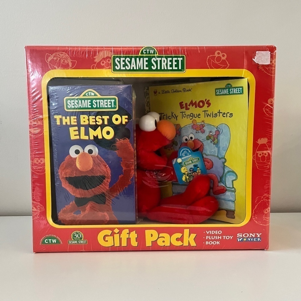 Vintage Sesame Street Factory Sealed Elmo Gift Pack - VHS, Plush Toy, Hardcover